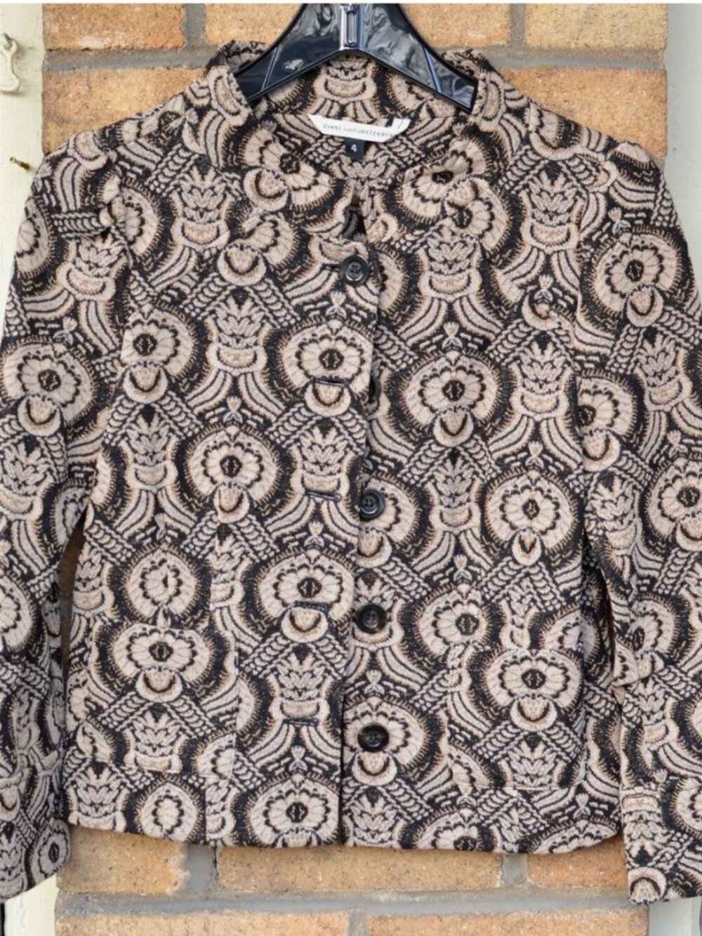 DIANE VON FURSTENBERG DVF Beige Black Wool Kelly Jacket Blazer Metallic Size 4